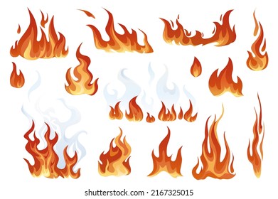 Hot flaming fires in cartoon style set isolated elements. Bundle of red and orange flame effects of different shapes. Burning, fiery and blazing fireball explosions. Vector illustration in flat design