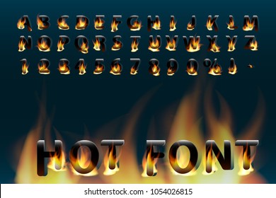 Hot Font. Fiery Letters And Numbers. Alphabet. Fire Burning Vector Font.