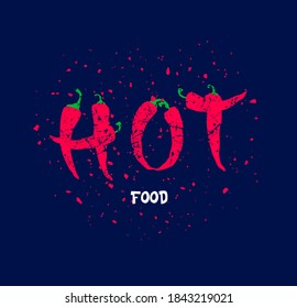 Hot food banner with text and red peppers on dark background. Flat style. Vector card.