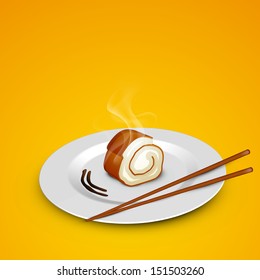 Hot food concept with chopsticks on yellow background. 