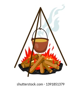 Hot food. Cooking on campfire. Brown cauldron kettle over fire with wood, outdoor nature picnic with bonfire dinner or hiking cook symbol. Hand drawn vector illustration isolated on white background 