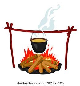 Hot food. Cooking on campfire. Brown cauldron kettle over fire with wood, outdoor nature picnic with bonfire dinner or hiking cook symbol. Hand drawn vector illustration isolated on white background 