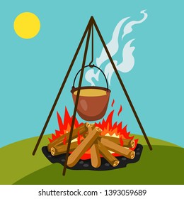 Hot food. Cooking on campfire. Brown cauldron kettle over fire with wood, outdoor nature picnic with bonfire dinner or hiking cook symbol. Vintage sketch tourism background.Hike and camping hand drawn