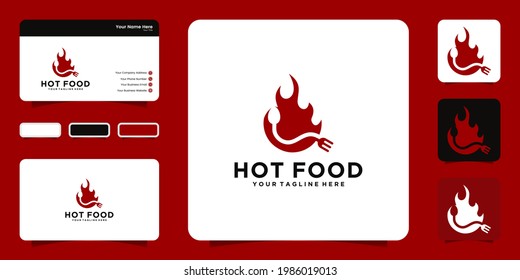 hot food with cutlery and fire icon and business card design