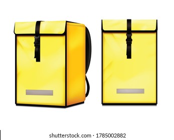 Hot food delivery courier insulated backpack bag front side view realistic set bright yellow vector illustration 