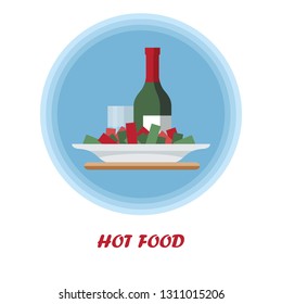 Hot food flat vector illustration. First course. Catering serving. Dinner, supper food dish. Meal preparation. Wine bottle with plate of salad. Restaurant, cafe, bistro menu cartoon isolated clipart