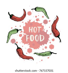 Hot food. Hand drawn pepper for card, menu, banner or other.