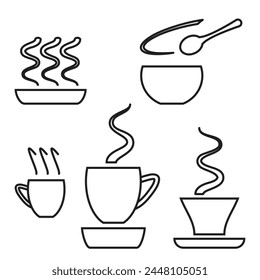 Hot food icon set, hot drink icon collection, steaming beverage pictograms with different waves, black line icons isolated on white background, vector illustration.