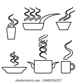 Hot food icon set, hot drink icon collection, steaming beverage pictograms with different waves, black line icons isolated on white background, vector illustration.
