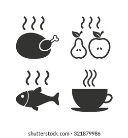 Hot food icons. Grill chicken and fish symbols. Hot coffee cup sign. Cook or fry apple and pear fruits. Flat icons on white. Vector