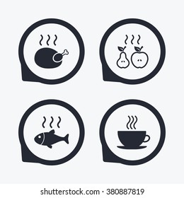 Hot food icons. Grill chicken and fish symbols. Hot coffee cup sign. Cook or fry apple and pear fruits. Flat icon pointers.
