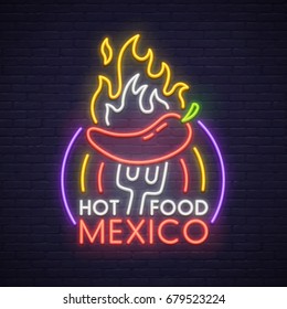 Hot Food neon sign, bright signboard, light banner. Mexico logo, emblem