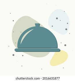 Hot food, restaurant, dining room, cafe, food reception point. Restaurant vector sign on multicolored background.
