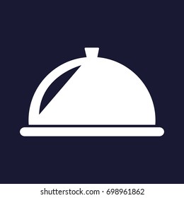 Hot food, restaurant, dining room, cafe, food reception point. Restaurant vector sign on a dark blue background. 