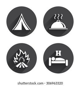 Hot food, sleep, camping tent and fire icons. Hotel or bed and breakfast. Road signs. Circles buttons with long flat shadow. Vector