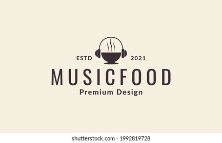 hot food soup bowl with headphone vintage logo vector icon illustration design