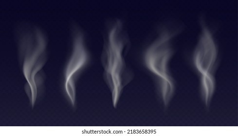 Hot food steam, cigarette smoke, vapor effects from heated tea or coffee. Warm dish, tasty meal, delicious smell concept. White fume isolated on a dark background. Vector illustration.