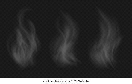 Hot food steam, collection of vapor effects from heated tea or coffee. Warm dish, tasty meal, delicious smell concept. White fume isolated on a dark background. Vector illustration.