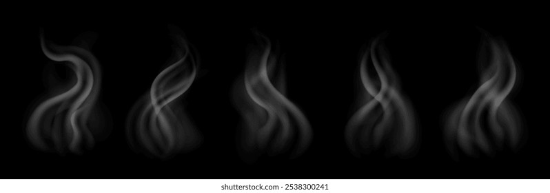 Hot food steam, collection of vapor effects from heated tea or coffee. Warm dish, tasty meal, delicious smell concept. White fume isolated on a dark background. Vector illustration.