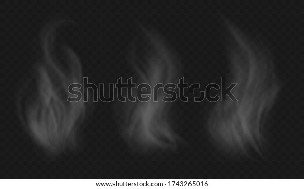 Hot food\
steam, collection of vapor effects from heated tea or coffee. Warm\
dish, tasty meal, delicious smell concept. White fume isolated on a\
dark background. Vector\
illustration.