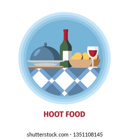 Hot Food and Wine Flat Vector Color Illustration. Cartoon Bottle of Wine, Glass, Dish and Bread Slices. Banquet. Holiday Supper. Drink and Appetizer on Served Table. Catering Service. Restaurant Menu