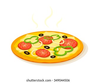 Hot fragrant pizza, fast food delivery logo, vector illustration