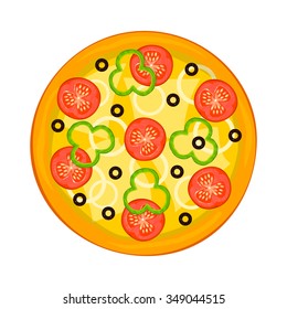 Hot fragrant pizza view from above, fast food delivery logo, vector illustration