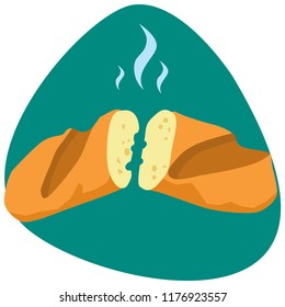 Hot French baguette bread broken in two pieces on green background