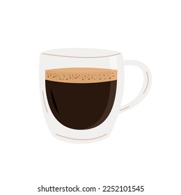 Hot fresh black specialty coffee in transparent glass cup. Espresso with foam on top. Colored flat vector illustration in trendy minimalist style isolated on white background.