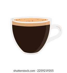 Hot fresh black specialty coffee in transparent glass cup. Mug of arabic americano with foam on top. Colored flat hand drawn vector illustration in trendy minimalist style isolated on white background