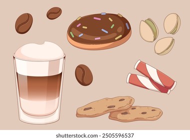 Hot fresh coffee with milk and cream in glass cup with sweet desserts and additives for cafe barista design - cookies with chocolate chips and icing, sugar sachet and coffee beans, pistachio nuts.