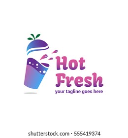 Hot fresh in a glass with a lid in the form of an apple in purple and blue colors. Spray juice from a glass. Vector logo template for cafe or drink takeaway.
