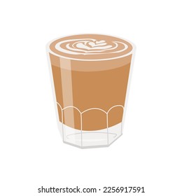 Hot fresh latte or cortado in transparent glass. Cup of brown arabic coffee with foam cappuccino art on top. Colored flat vector illustration in trendy minimalist style isolated on white background.