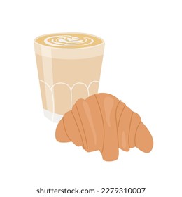 Hot fresh latte in transparent glass and croissant. Cup of brown arabic milk coffee with foam cappuccino art on top. French breakfast composition. Colored flat vector illustration isolated on white.