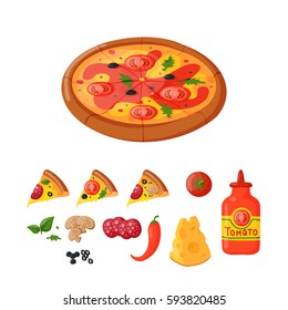 Hot fresh pizza ingredients icons vector illustration.