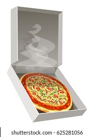 Hot and fresh pizza in open box isolated on white background. Vector illustration.