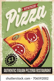 Hot and fresh pizza retro poster design layout with delicious slice of pizza on green background.