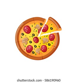 Hot fresh pizza slice icon vector illustration.