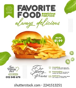 Hot and fresh tasty burger with fries social media post template