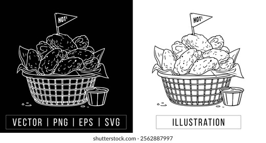 Hot Fried Chicken Basket - Monochrome Vector Illustration with Sauce