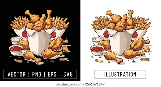 Hot Fried Chicken Basket with Sauce - Vector Illustration for Food Branding