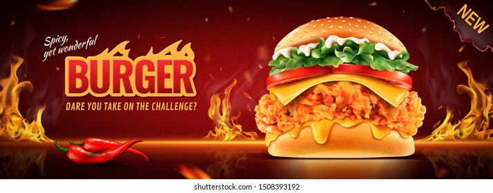 Hot Fried Chicken Burger Banner Ads With Burning Fire Effect In 3d Illustration