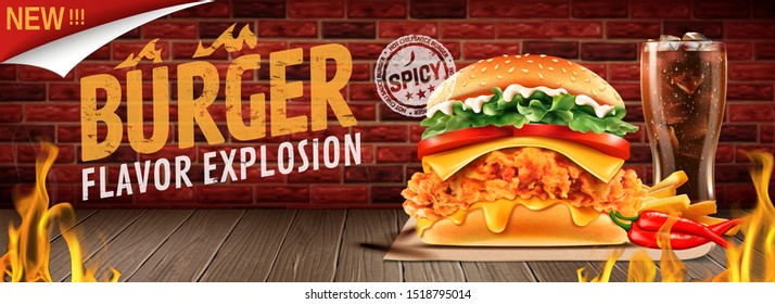 Hot Fried Chicken Burger Banner Ads With Burning Fire Effect In 3d Illustration