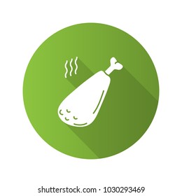 Hot fried chicken leg flat design long shadow glyph icon. Grilled turkey drumstick. Vector silhouette illustration