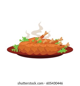 hot fried chicken thighs with vegetable and tomato garnish on plate with white background. vector illustration