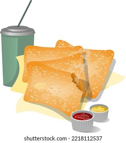 Hot fried pastry served with soda, mustard and ketchup.