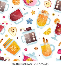 Hot Fruit Drinks in Glass with Mulled Wine and Honey Jar Vector Seamless Pattern Template
