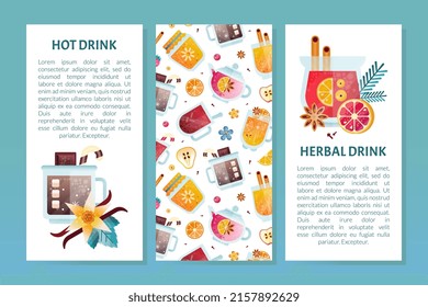 Hot Fruit Drinks in Glass with Mulled Wine and Cocoa Vector Vertical Design Template