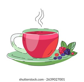 Hot fruit tea in a glass cup on a saucer. Berry tea. Leaves, raspberries, blueberries, blackberries lie on a saucer. Vector illustration, isolated on white. Cute design. Cartoon style.