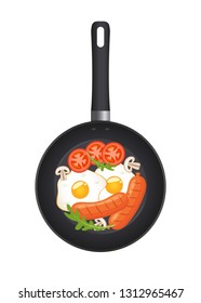 Hot frying pan with fried eggs, sausages, mushrooms, tomatoes and lettuce, top view. Isolated on white background. Vector illustration.
